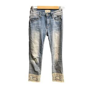 Driftwood Embroidered Hem Light Wash Distressed Women's Jeans Size W 25 L 26